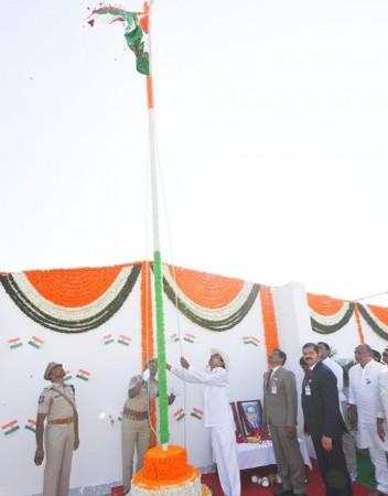 Telangana CM KCR unfurling the flag KCR