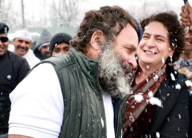 Srinagar: Congress leaders Rahul Gandhi and Priyanka Gandhi play with snow at 'Bharat Jodo Yatra' camp site in Srinagar,on Monday,Jan 30,2023. (Photo:IANS/Twitter) Bharat Jodo Yatra