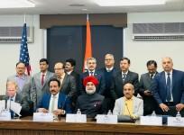 Seated are NASA Administrator Bill Nelson, from left, S. Somanath, Chairman of ISRO, India's Ambassador Taranjit Singh Sandhu and M Sanakaran, the Director of ISRO U R Rao Satellite Centre, at the State Department in Washington on Tuesday, January 31, 202