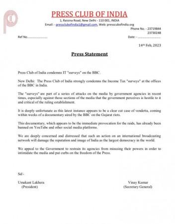 The Press Club of India (PCI) also strongly condemned the income tax The Press Club of India (PCI) also strongly condemned the income tax