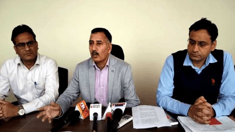 Chairman of Jammu and Kashmir Service Selection Board Rajesh Sharma interacting with media persons at Jammu on Friday JKSSB chairman