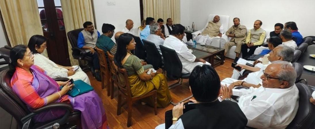 Congress President & Leader of Opposition Rajya Sabha, Shri Mallikarjun Kharge meeting the leaders of like minded Opposition parties in LOP chamber in Parliament building. Congress President & Leader of Opposition Rajya Sabha, Shri Mallikarjun Kharge meeting the leaders of like minded Opposition parties in LOP chamber in Parliament building.