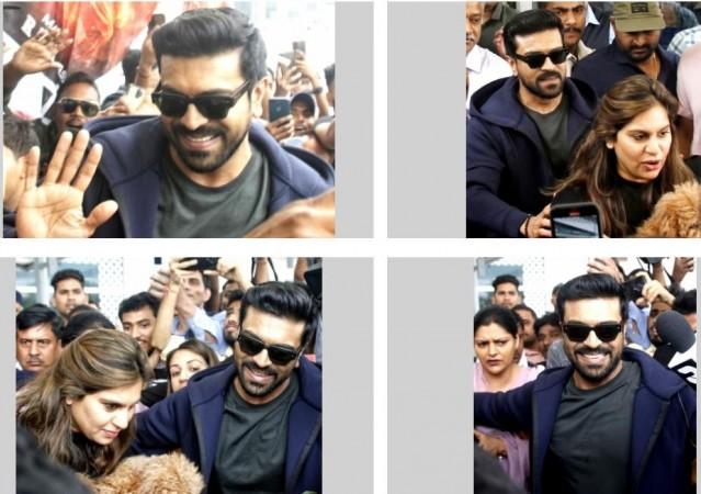 Ram Charan receives rousing reception at IGI airport. Ram Charan receives rousing reception at IGI airport