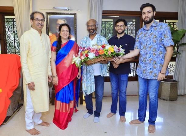 Mumbai: Former Maharashtra CM Uddhav Thackeray and Shiv Sena (UBT) leader Aaditya Thackeray meets actor Rajnikant at Matoshri, in Mumbai, on Saturday, March 18, 2023. Mumbai: Former Maharashtra CM Uddhav Thackeray and Shiv Sena (UBT) leader Aaditya Thackeray meets actor Rajnikant at Matoshri, in Mumbai, on Saturday, March 18, 2023.