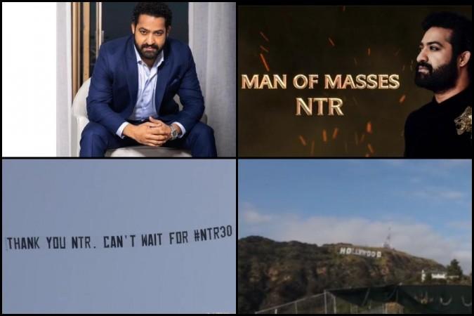 Fans show their love for Jr NTR by flying a banner for NTR 30 over LA's Hollywood sign.