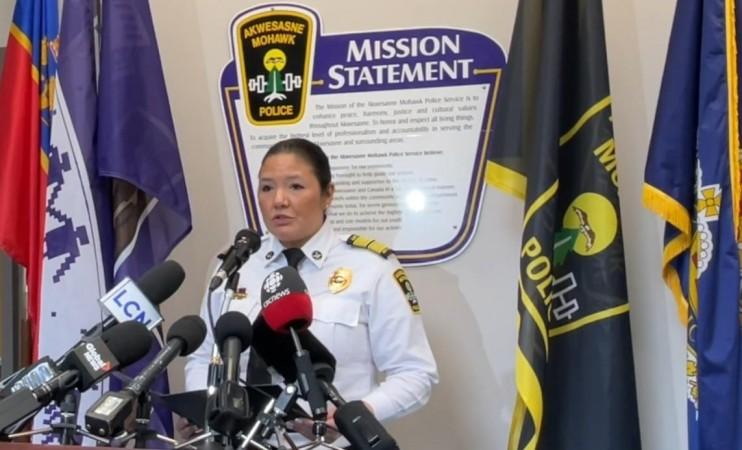Lee-Ann O'Brien, the Deputy Chief of Police for the Akwesasne Mohawk Police Service, speaks to reporters about an Indian family that drowned while crossing the St Lawrence River from Canada to the United States. (Photo Source: AMPS) Indian immigrants