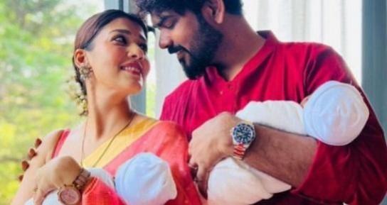 Actress Nayanthara finally reveals full names of her twin sons. Actress Nayanthara finally reveals full names of her twin sons.