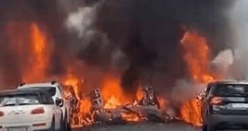 Van parked in Italy's Milan explodes, fire engulfs several vehicles(grab twitter) Milan, fire, car,