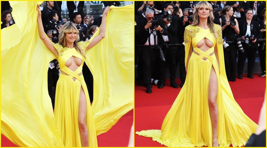 "Nipple Sighting to flaunting underboobs": Heidi Klum bares it all in high-slit yellow chest cut-out gown on red carpet of Cannes Film Festival 2023 - IBTimes India