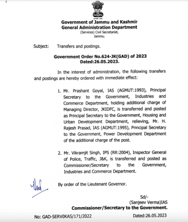 J&K govt appoints IGP Traffic J&K Vikramjit Singh, IPS, as Secy I&C Dept [details]