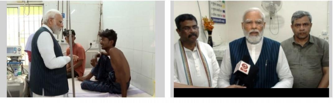 Balasore : Prime Minister Narendra Modi interacts with injured passengers of the Balasore train accident, in Balasore , Saturday, June 3, 2023. At least 261 people were killed and over 900 others suffered injuries in the accident that involved the Bengaluru-Howrah Superfast Express, the Shalimar-Chennai Central Coromandel Express, and a goods train. Prime Minister Narendra Modi interacts with injured passengers of the Balasore train accident, in Balasore , Saturday, June 3, 2023.