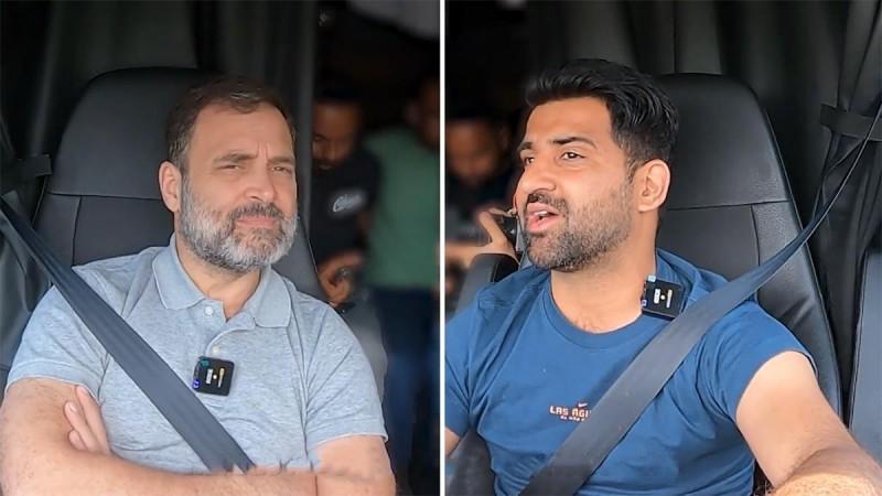 Washington DC: Congress leader Rahul Gandhi interacts with an Indian American truck driver while traveling in his truck from Washington DC to New York, Tuesday, June 13, 2023. Rahul Gandhi