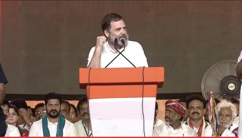 Congress leader Rahul Gandhi addressing a public meeting in Telangana on July 2, 2023 rahul gandhi telangana