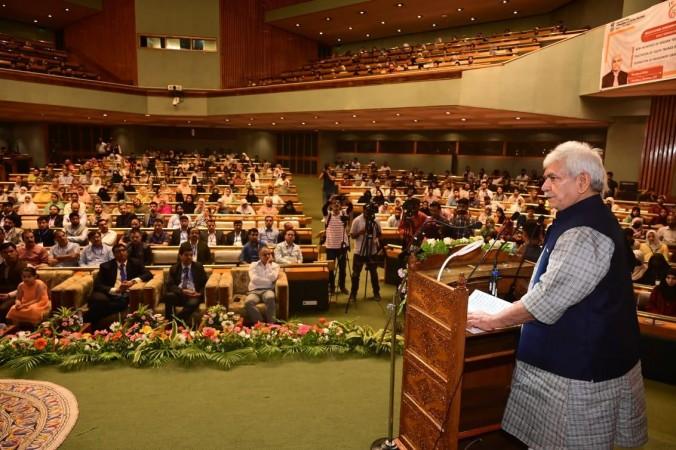 Lieutenant Governor of J&K Manoj Sinha addressing a function at Srinagar on the fourth anniversary of the abrogation of Article 370 LG Manoj Sinha