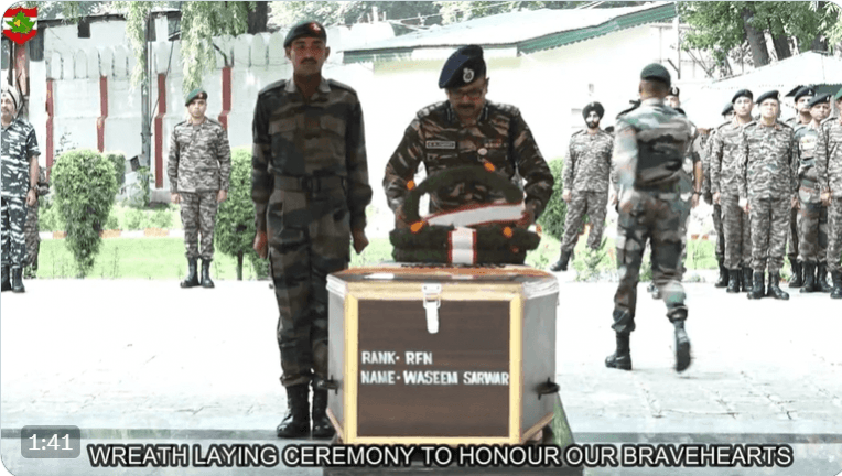 Army officers paying floral tributes of Rifleman Waseem Sarwar Screenshot of Defence PRO video Waseem Sarwar
