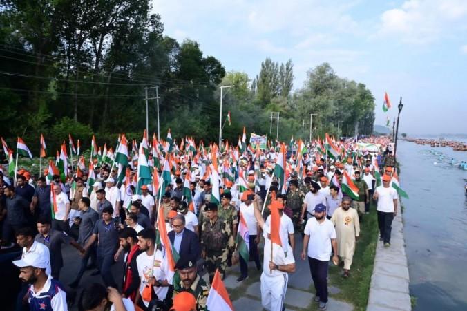 Lieutenant Governor Manoj Sinha along with locals participating in Tiranga rally in Srinagar Tiranga rally