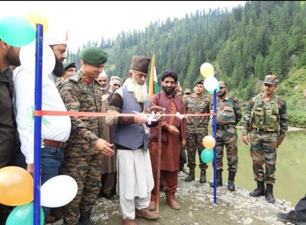 Ninety-year-old war veteran Sep Mian Gul Khan inaugurating a bridge on the occasion of 77th Independence Day in north Kashmir's Machhal sector on LoC 115-feet bridge inaugurated