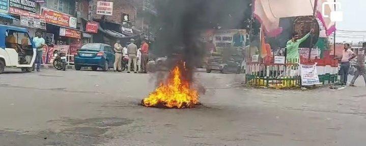 Protest in different parts of Jammu against collection of toll tax on Jammu-Pathankot national highway Protest in Jammu