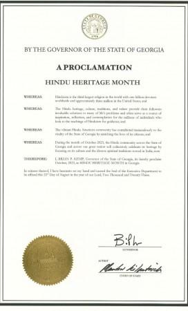 October proclaimed as 'Hindu Heritage Month' in Georgia; contribution of vibrant Hindu American community cited October proclaimed as 'Hindu Heritage Month' in Georgia; contribution of vibrant Hindu American community cited