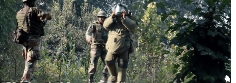 Bomb Disposal Squad on the spot after recovery of IED on Srinagar-Baramulla highway. IED recovered