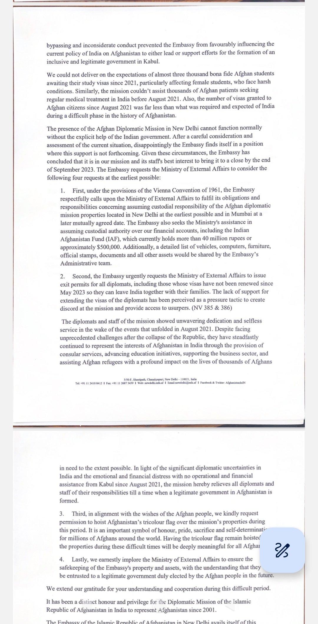 Afghan embassy writes to MEA