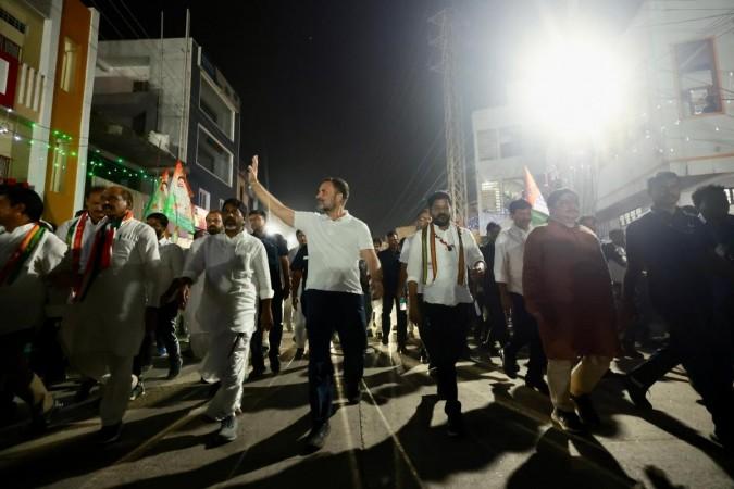 Karimnagar: Congress leader Rahul Gandhi during Padyatra from Karimnagar Housing Board Circle to Rajiv Chowk, in Telangana, Thursday, Oct 19,2023.(IANS/AICC) Rahul Gandhi