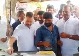 Rahul Gandhi making a dosa in Telangana Making a dosa