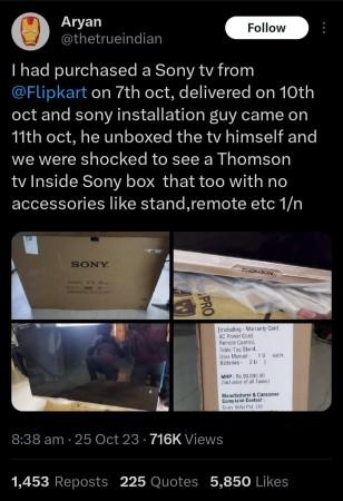 Man buys Rs 1 lakh Sony TV from Flipkart, gets Thomson TV inside box TV change on Flipkart