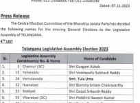 BJP Announces 4th List Of Candidates For Telangana Polls