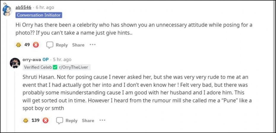 Reddit comment by Orry on Shruti comments