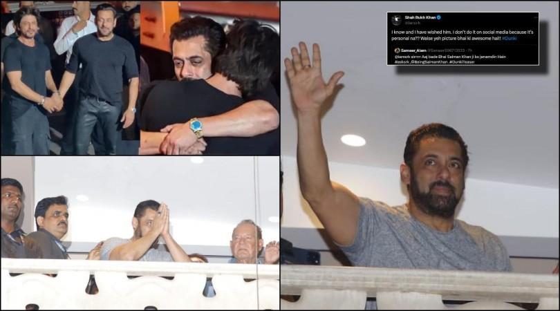 Salman Khan waves at sea of fans gathered outside Galaxy on his 58th birthday. Salim Khan beside Salman Shah Rukh Khan and Salman Khan hug Salman khan birthday