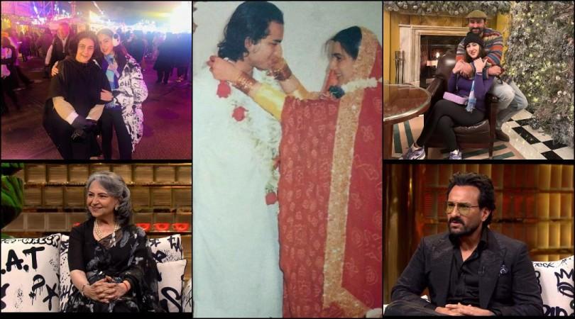 Amrita Singh with daugther Sara Ali Khan (left top), Saif Ali Khan and Sara Ali Khan (righ top) Sharmila Tagore on koffee with Karan ( left below), Saif ali Khan (right below) Amrita and Saif Ali Khan marriage throwback image koffee with karan : Sharmila Tagore and Saif Ali Khan