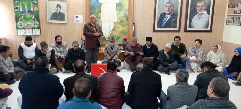General secretary of the National Conference Ali Mohammad Sagar attending a meeting of party leaders at Jammu National Conference