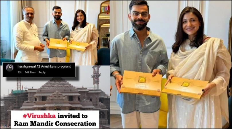 Anushka Sharma and Virat Kohli with pose with invitation Anushka Sharma and virat