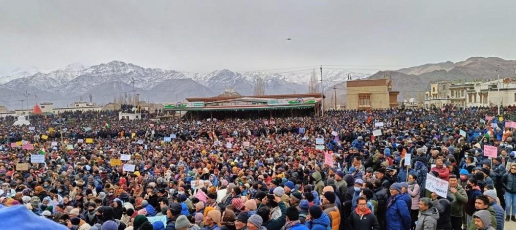 People protesting in Ladakh in support of statehood demand. Ladakh protest
