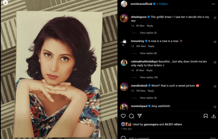 Ekta Kapoor, Mouni Roy and Mandira Bedi also appreciated the union minister for her captivating old photograph. Ekta Kapoor, Mouni Roy and Mandira Bedi also appreciated the union minister for her captivating old photograph.