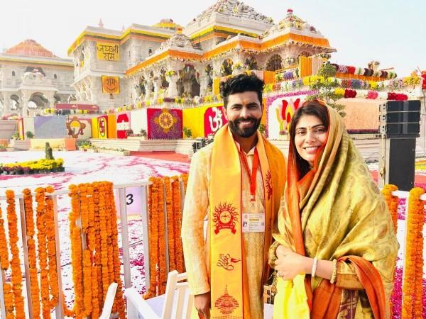 Cricketer Ravindra Jadeja And MLA Rivaba Jadeja At The Shri Ram Janmabhoomi Temple During The Consecration Ceremony Cricketer Ravindra Jadeja And MLA Rivaba Jadeja At The Shri Ram Janmabhoomi Temple During The Consecration Ceremony