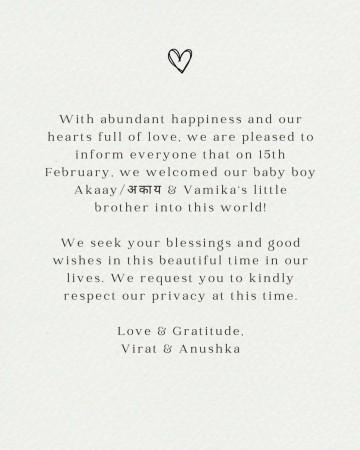 Anushka Sharma and Virat Kohli, welcomed their first child, a baby boy, on February 15, 2024. They have named their newborn bundle of joy 'Akaay Anushka Sharma and Virat Kohli, welcomed their first child, a baby boy, on February 15, 2024. They have named their newborn bundle of joy 'Akaay