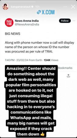Kangana Ranaut Raises Concerns On Dark Web Activities, Alleges Popular Celebs Consume Illegal Stuff And Hack Communications Kangana Ranaut Raises Concerns On Dark Web Activities, Alleges Popular Celebs Consume Illegal Stuff And Hack Communications