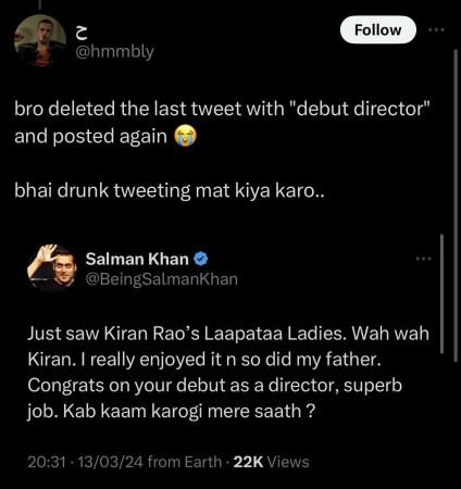 Salman Khan deleted his Laapataa Ladies tweet hours after he got Trolled; shares new tweet Salman Khan deleted his Laapataa Ladies tweet hours after he got Trolled; shares new tweet