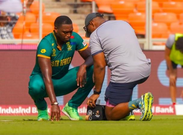 Ahmedabad: South Africa's Lungi Ngidi being treated after getting injured during ICC Men's Cricket World Cup match between Afghanistan and South Africa at Narendra Modi Stadium in Ahmedabad on Friday, November 10, 2023. (Photo: IANS/Siddharaj Solanki) Ngidi