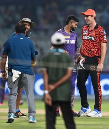 Kolkata : Kolkata Knight Riders captain Shreyas Iyer and Sunrisers Hyderabad captain Pat Cummins during the toss before the start of the IPL match at Eden Gardens in Kolkata on Saturday, March 23, 2024. (Photo: IANS) Kolkata Knight Riders