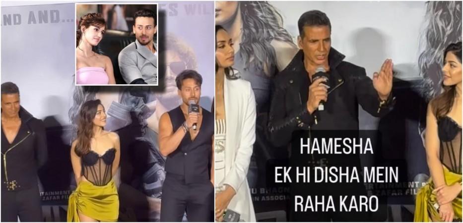 Akshay Kumar teases Tiger Shroff about Disha Patani at Bade Miyan Chote Miyan event. Akshay Kumar teases Tiger Shroff about Disha Patani at Bade Miyan Chote Miyan event.