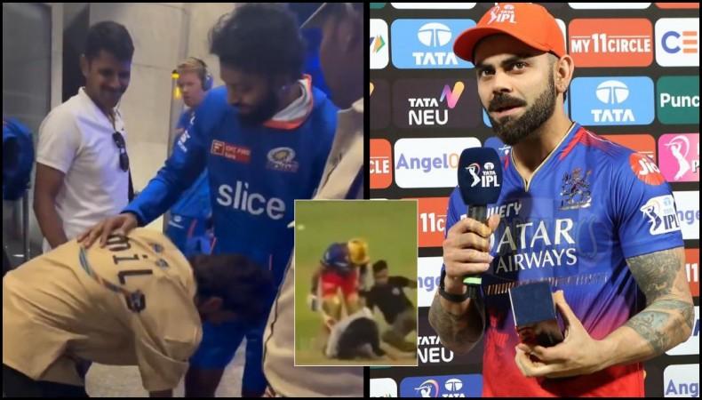 Fan touches Hardik Pandya's feet after Mumbai's match against Hyderabad Fan touches Hardik Pandya's feet after Mumbai's match against Hyderabad