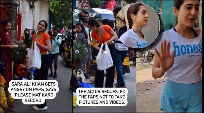 Angry Sara Ali Khan AVOIDS paparazzi for taking videos of her as she distributed food to beggars outside temple Angry Sara Ali Khan AVOIDS paparazzi for taking videos of her as she distributed food to beggars outside temple