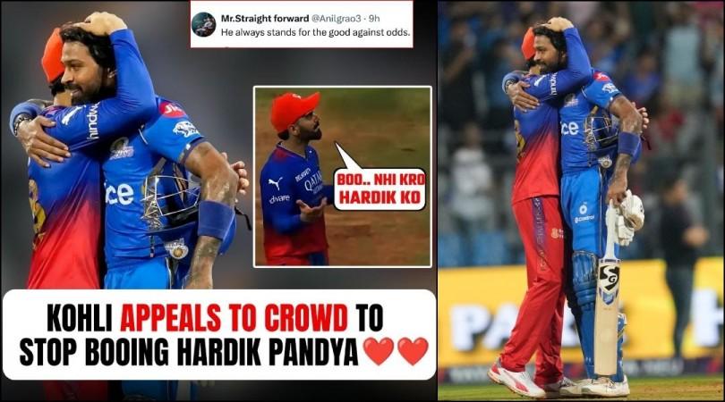 'He's an Indian player': Virat Kohli gestures Wankhede crowd to stop booing Hardik; hugs MI captain despite RCB's loss [Watch]