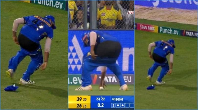MI V CSK 2024: Oops! Rohit Sharma's trousers slip during fielding; netizens react MI V CSK 2024: Oops! Rohit Sharma's trousers slip during fielding; netizens react