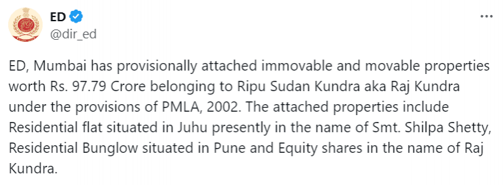 Raj Kundra's properties worth Rs 98 cr, including Shilpa Shetty's flat, seized by ED in money laundering case Raj Kundra's properties worth Rs 98 cr, including Shilpa Shetty's flat, seized by ED in money laundering case