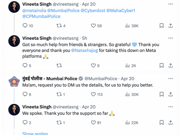 Mumbai Police also responded to the post urging Ms Singh to reach out to them. The entrepreneur thanked them for the support. Mumbai Police also responded to the post urging Ms Singh to reach out to them. The entrepreneur thanked them for the support.