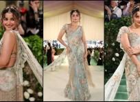 'There's nothing timeless than Sari..':Alia Bhatt is a sight to behold in custom Sabyasachi saree 23-foot-long train at Met Gala 2024